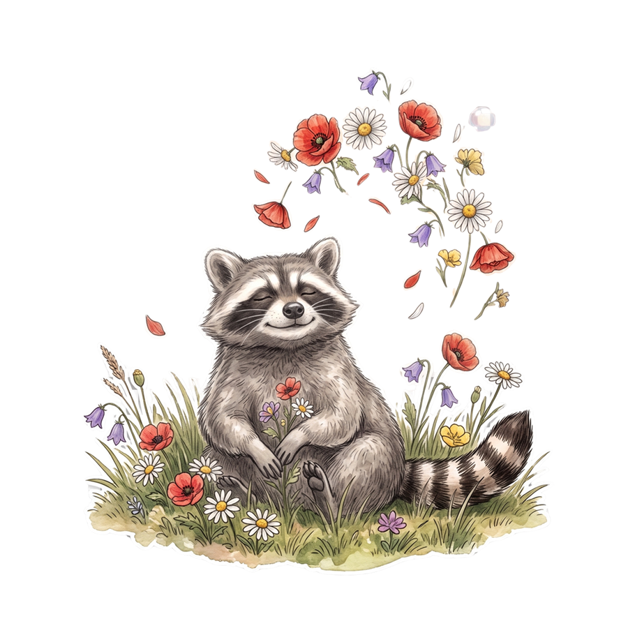 Der Waschbär zwischen Blumen